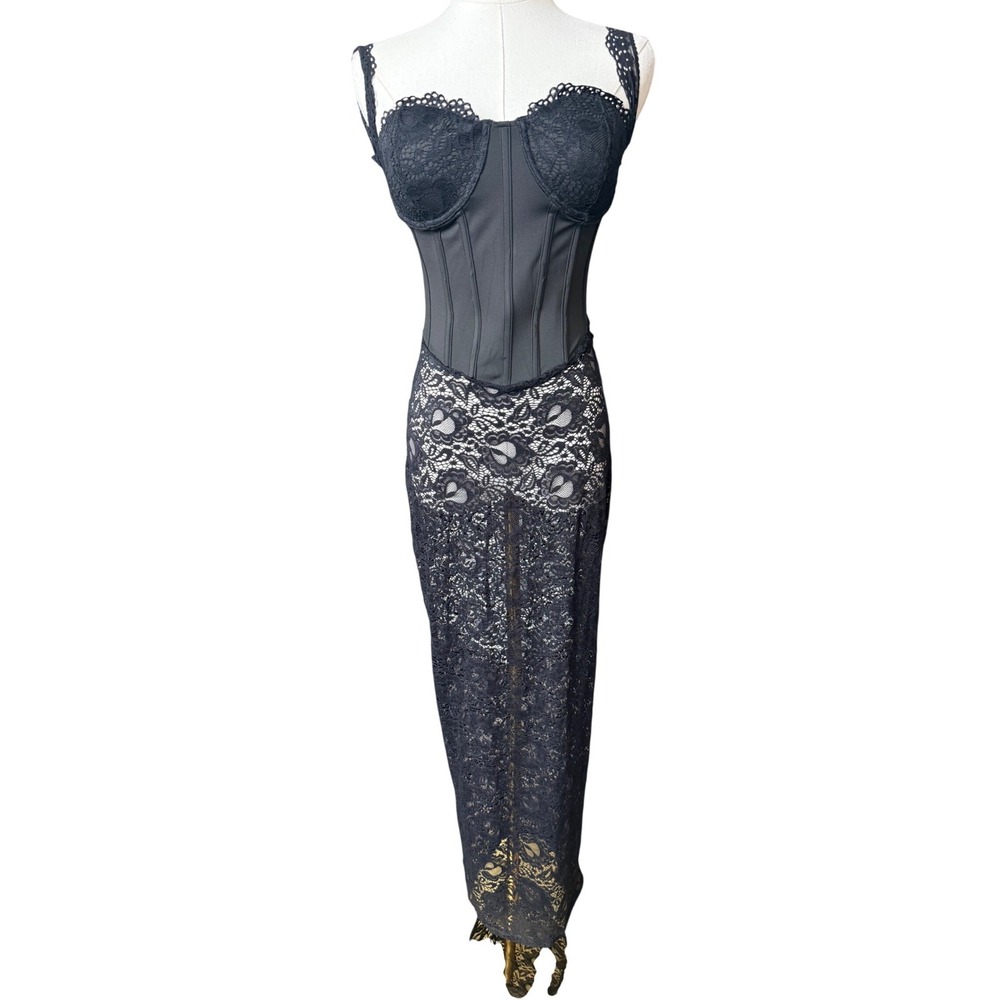Fashion Nova Lace Corset Sheer Crochet Maxi Dress Size S Bustier Sexy Victorian